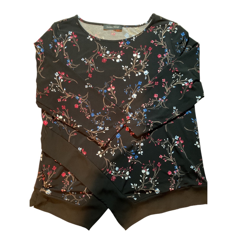 IVANKA TRUMP Black Floral Print Long Sleeve Asymmetrical Tunic Top Women M